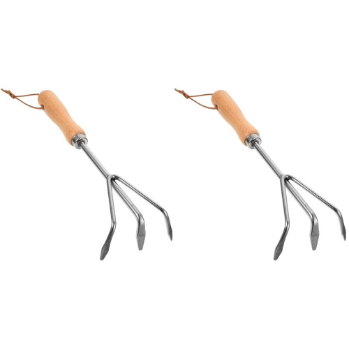 2Pcs Silver Steel Hand Rakes Wood Handle Gardening Tools for Digging