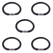 5X Stainless Steel Leather Bracelet, Braided Leather Bracelet, for Men Women, Black - Width 6mm - Length 18cm