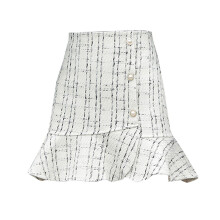 Line Skirt For Women, Casual Tweed Skirt With Ruffle Hem And Button Front, High Waist Plaid Mini Skirt With Slim Fit Design For Spring, Fall, And