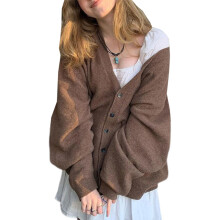 Grov strikcardigan til kvinder, langærmet V-hals sweater med knaplukning, let strik, åben front løs oversized cardigan, elastisk