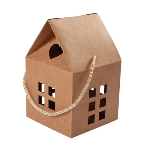 Geschenkbox aus Kraftpapier in Hausform mit Griffen 1