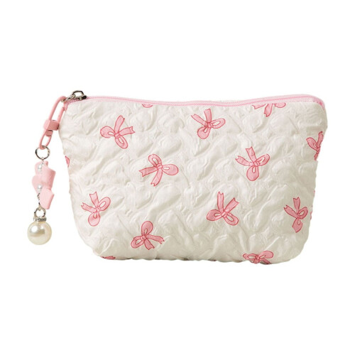 Φορητή τσάντα μακιγιάζ Coquette Floral Bow, καπιτονέ τσάντα καλλυντικών με τόξο, μικρή 1