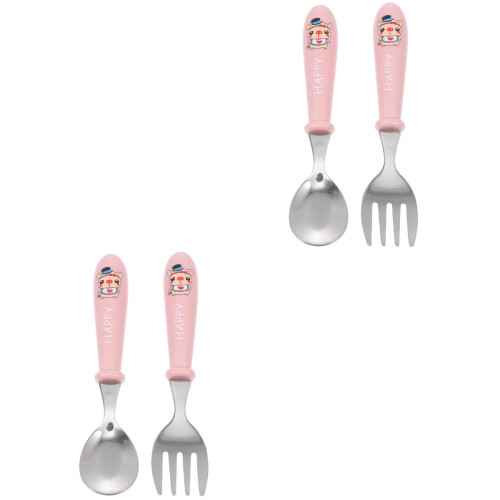 2Sets Durable Pink Baby Spoon Fork Set Stainless Steel Child Tableware 2