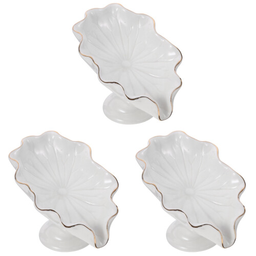 3Pcs White Ceramic Soap Dish Lotus Leaf Design Draining Soap Holder