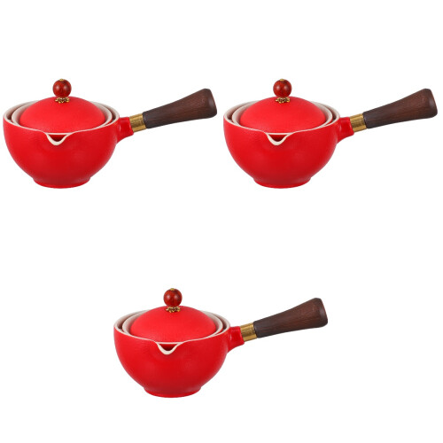 3Pcs Ceramic Tea Pot Red Long Handle Heating Kettle 2