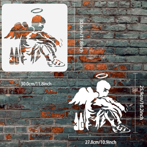 Στένσιλ Banksy Fallen Angel11,8"x11,8", Επαναχρησιμοποιήσιμο πρότυπο τέχνης DIY για ξύλο, τοίχο 1