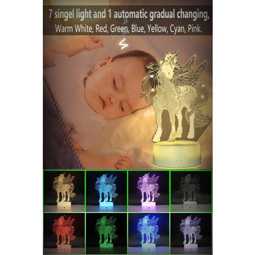 YSITIANNA3D Φωτιστικό Νυχτός LED Μονόκερος, 7 Χρωμάτων που Αλλάζει, 3 Λειτουργίες + 2