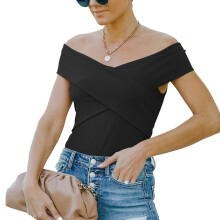 Women's Going Out Top, Stretchy Fabric Off The Shoulder Shirt with Asymmetrical Hem and Slim Fit Cut, Twist Knot Front Crop Top, Lightweight Rib Knit