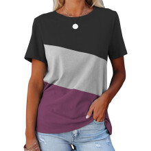 Bluze cu mânecă scurtă și guler rotund pentru femei, tricou casual de vară cu model color block, design lejer, material tehnic care absoarbe