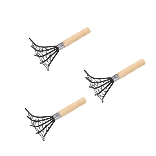 3Pcs Beach Clam Rake Black Steel Wood Handle Net Design Digging Tool