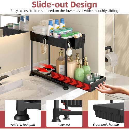 4-Pack Black 2-Tier Under Sink Organizer – Pull-Out Cabinet Storage with Hooks & Cups 2