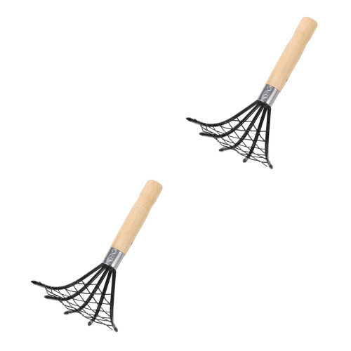 2Pcs Black Clam Rake with Wooden Handle and Net Design for Shellfish 2