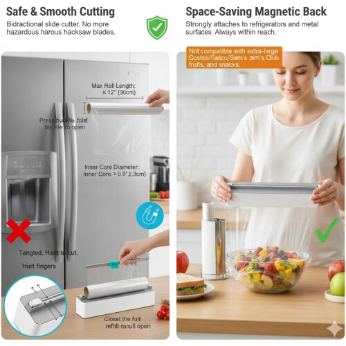 Magnetic Plastic Wrap Dispenser with Slide Cutter White ABS 1