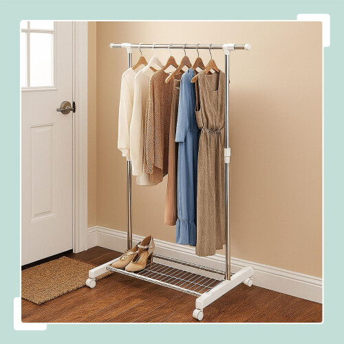 Verstellbare Garderobe mit Rollen und Ablage 1