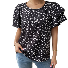 Bluse mit Rüschenbesatz, kurzen Ärmeln und Polka-Dot-Muster, elegant-lässiges Oberteil, leichtes und bequemes Design, Rundhalsausschnitt, ideal
