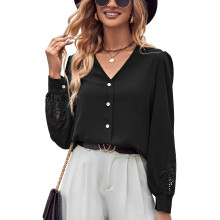 Damenblusen mit langen Ärmeln, elegante Hemdblusen mit Knopfleiste und femininem Charme, leichtes, fließendes Material, V-Ausschnitt, Satinseide,