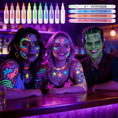 Μαρκαδόροι προσώπου UV Neon 12 χρωμάτων, λάμπουν κάτω από μαύρο φως για προσωρινά 2