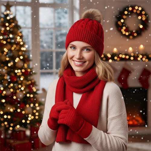 Conjunto de gorro, cachecol e luvas de veludo cor vinho para o inverno 2
