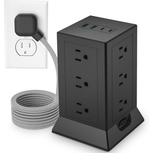 Πολύπριζο με 12 πρίζες AC, 4 θύρες USB (2C), καλώδιο 16,5 ποδιών, επίπεδη πρίζα, προστασία 1