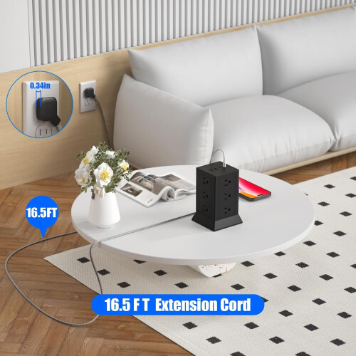 Πολύπριζο με 12 πρίζες AC, 4 θύρες USB (2C), καλώδιο 16,5 ποδιών, επίπεδη πρίζα, προστασία 2