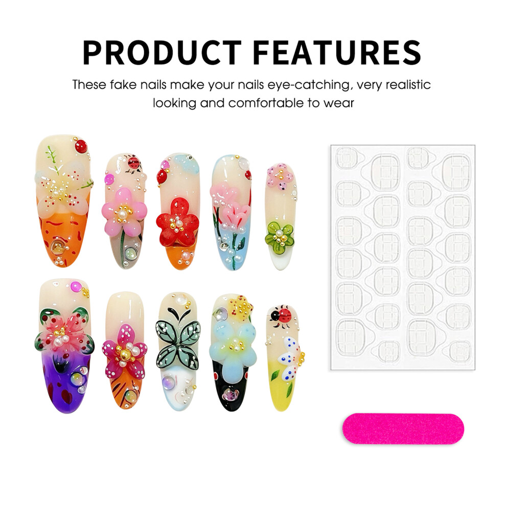Penghui-Toys (M) French Long Fake Nails With Flower Decor Natural Unbreakable Nail Simple Wear For Girlfriend Wife Women And Girl