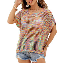 Blødt og let strik til kvinder, rund hals med off-shoulder-motiv og design med halværmer og udhulet sweatermønster, åndbar og tætsiddende