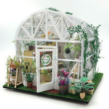 DIY Assembly Required Miniature House Kit Transparent Greenhouse Design with LED Lighting Classic Botanical Aesthetics Oil Painting Corner Detail