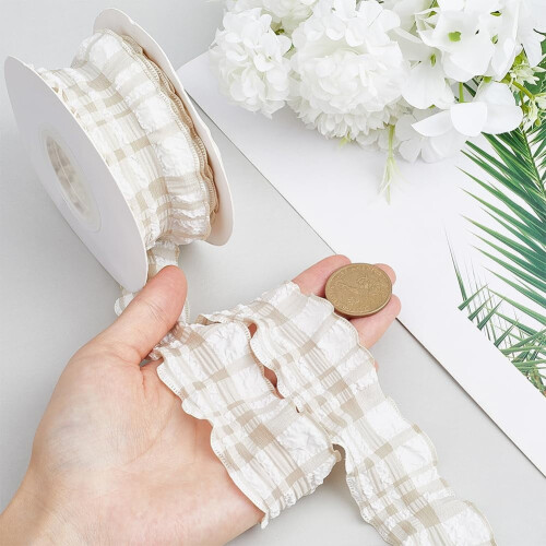 10Yards1.5" Μπεζ καρό κορδέλα καρό, διπλή σιφόν με βολάν, πολυεστέρας με καρούλι – 2