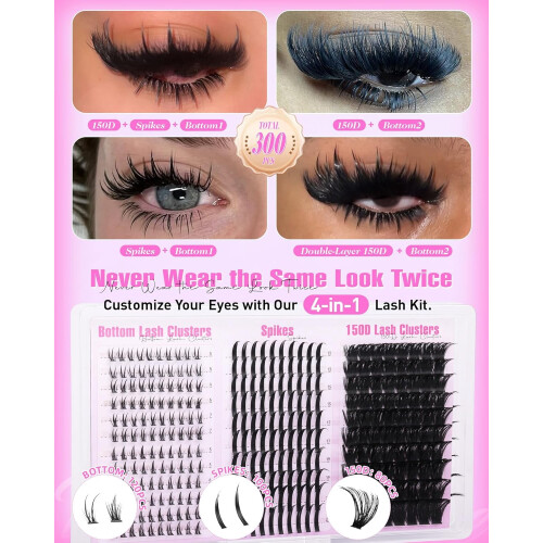 Wispy Lash Clusters with Spikes, 2 Bottom Lashes, 150D D-Curl, 300 pcs – Compatible with Individual Lash Extensions 2