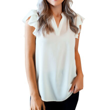 Haut chic décontracté pour femme, blouse à manches volantées et col en V, chemise d'été légère en tissu extensible idéale pour le bureau et