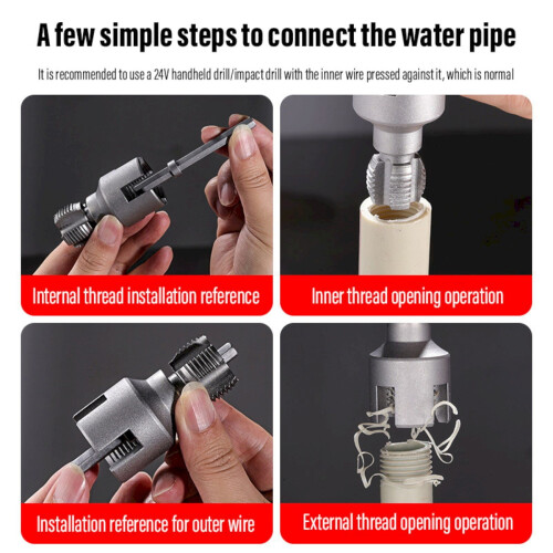 6-Point Pipe Threading Tool for Internal & External Threads, Compatible with Water Pipes, Hexagonal Drill, Silver, 2.36" 2