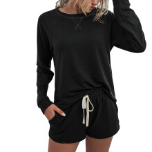 Conjunto de roupa de descanso feminina leve, conjunto de 2 peças com bolso, pijama de manga comprida em tecido macio, blusa casual com cordão na