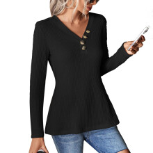 Pulover pentru femei, mânecă lungă, decolteu în V, casual, tricotat cu nervuri, material moale și elastic, ușor, tip vafă, respirabil,