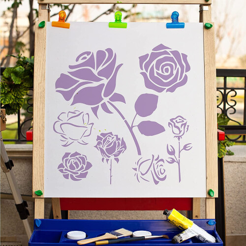 DIY μεγάλα στένσιλ λουλουδιών με τριαντάφυλλα, τετράγωνο στένσιλ 11,8x11,8 ιντσών για 2