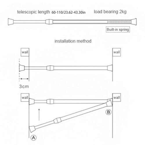 Varão de cortina ajustável com mola, branco, de 60 a 110 cm (24 a 43 polegadas), ideal para armários, guarda-roupas e janelas. Sem necessidade de 2