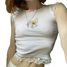 Blonde Crop Top til kvinder, Letvægtsmateriale med strækbar ærmeløs sommertanktop, Rund halsudskæring med blondekant, Kort længde til afslappet