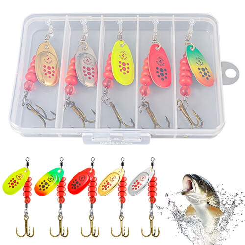 Angelköder-Set, 5-teilig, Metall-Löffelköder mit Angelbox, Wobbler, Hartköder, Angelköder-Set, Geschenkidee für Männer, Süßwasser-Barsch 1