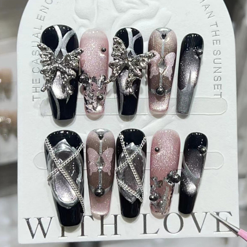 Bright-Home (Xs) Pink Black Long Fake Nails With Cat Eyes Reusable Long Lasting Press On Nails For Shopping Traveling Dating