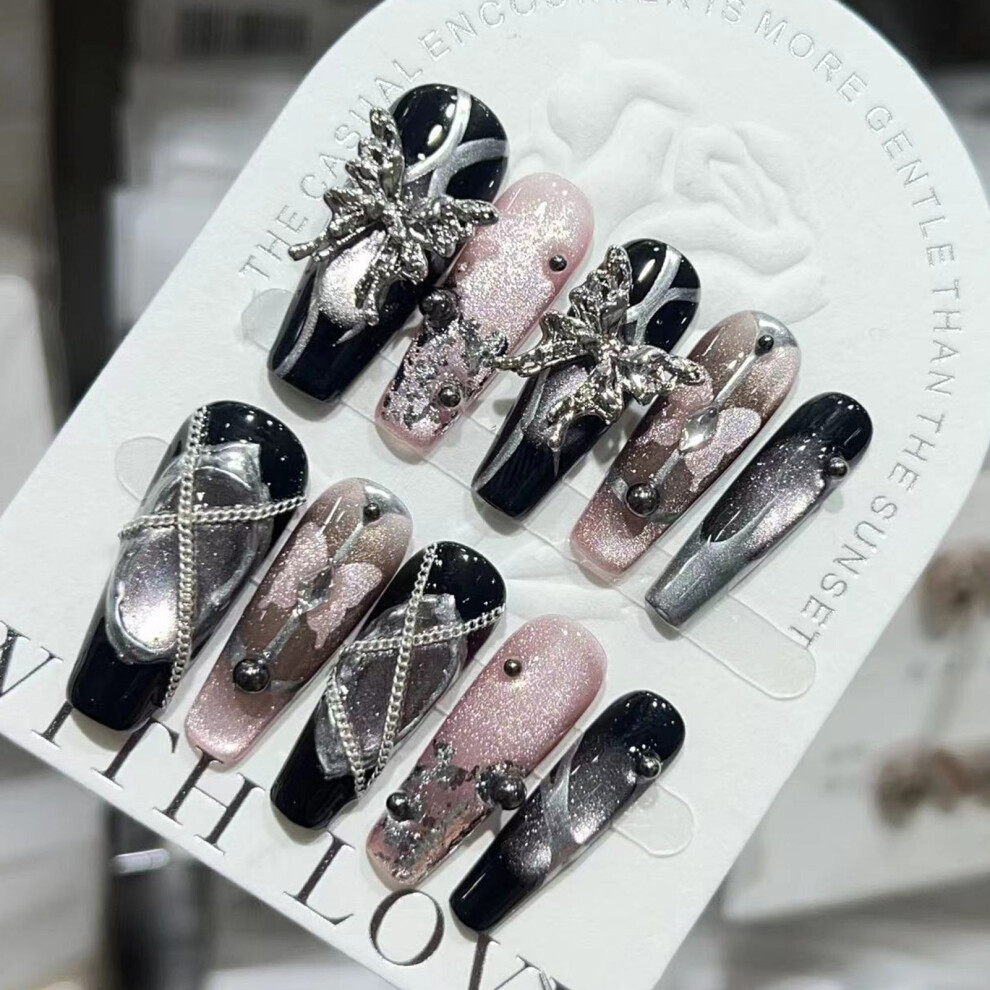 Bright-Home (L) Pink Black Long Fake Nails With Cat Eyes Reusable Long Lasting Press On Nails For Shopping Traveling Dating