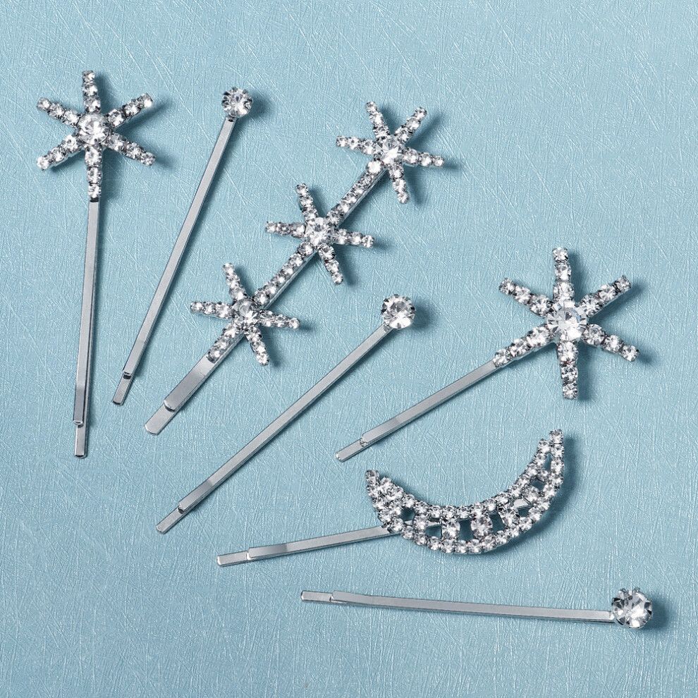 Penghui-Toys Silver Ouchless Hair Bobby Pins Set Moon Stars Hair Clips With Sparkling Rhinestones Suitable For Girls All Hair Types