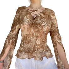 Asymmetrische Oberteile für Damen, Blusen im Boho-Stil mit Glockenärmeln und V-Ausschnitt, Tunikabluse mit ausgestelltem Saum aus leichtem