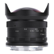 Obiettivo fisheye a fuoco manuale con visuale a 180 gradi per fotocamere mirrorless, obiettivo ultra grandangolare da 7,5 mm F2.8 con qualità di
