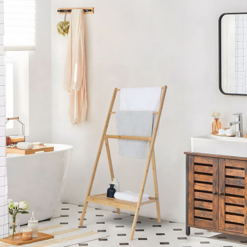Bamboo Towel Rack with Shelf - Freestanding, Foldable 1
