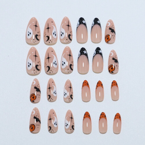 Halloween Press on Nails, Μεσαία ψεύτικα νύχια αμυγδάλου, Ψεύτικα νύχια πλήρους κάλυψης με 2
