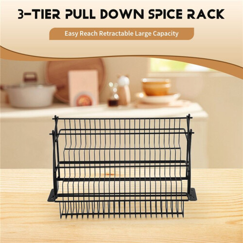 Metal 3-Tier Pull Down Spice Rack -  Retractable Large Capacity Kitchen Storage Shelf Organizer for Cabinet A 1