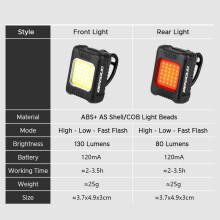 USB Rechargeable Bike Light Set Front 130LM & Rear 80LM, Compact & Waterproof