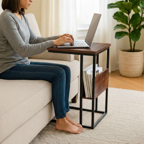 Side Table with Shelf and Compartment - Wood & Metal 1