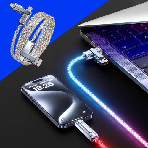 Καλώδιο γρήγορης φόρτισης 4 σε 1 USB-A/USB-C σε C PD100W με ροή ρεύματος LED, συμβατό με 1