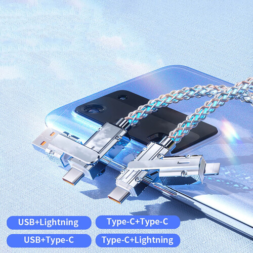 Καλώδιο γρήγορης φόρτισης 4 σε 1 USB-A/USB-C σε C PD100W με ροή ρεύματος LED, συμβατό με 2