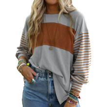 Farbblock-Tops für Damen, Rundhals-T-Shirts, locker geschnittene Pullover-Tops, Tunika-Tops mit Streifenmuster, atmungsaktiv und figurformend